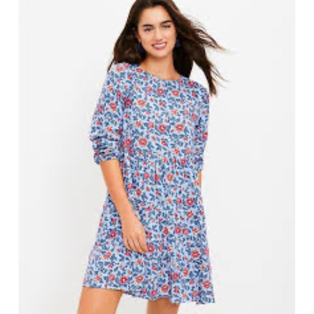 LOFT Garden Tiered Pocket Dress Womens Sz Small Blue ‎ Floral Boho Cottagecore